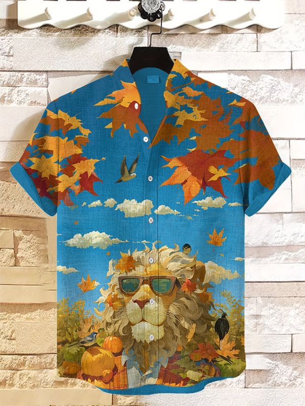 Men's Maple Lion Art Print Short Sleeve Casual Shirt