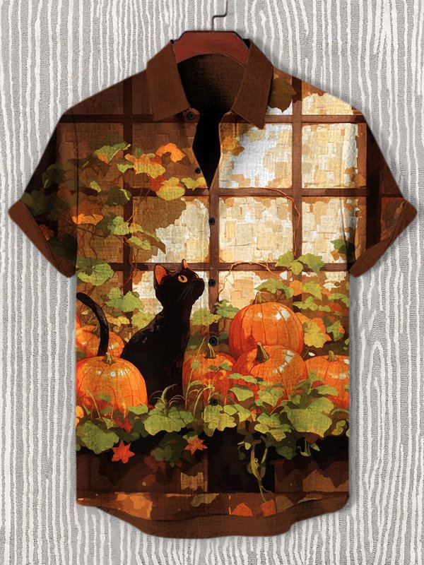Men's Black Cat By The Window Art Print Casual Shirt