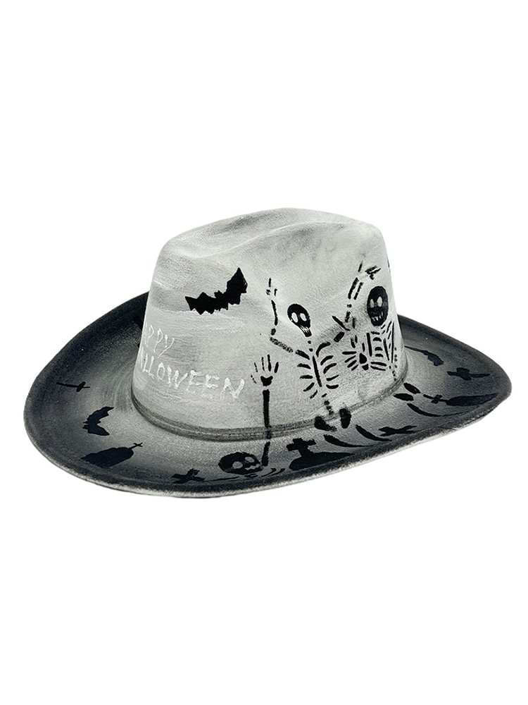 Men's Happy Halloween Bat Skull Print Western Cowboy Hat