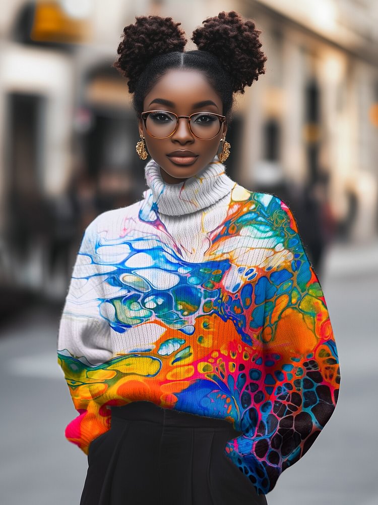 Women's Psychedelic Colorful Abstract Flow Print High Neck Knit Sweatshirt