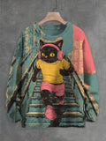 Men's Black Cat Jogging Art Print Knit Sweatshirt