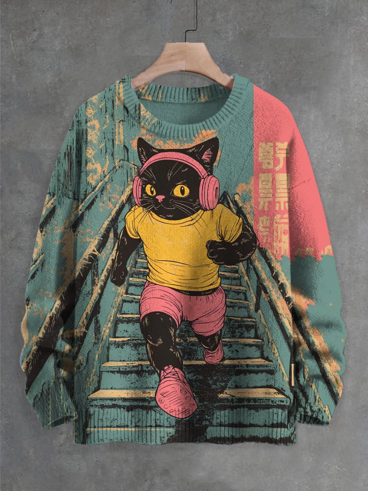 Men's Black Cat Jogging Art Print Knit Sweatshirt