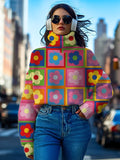 Women's Flower Patchwork Art Print High Neck Knit Sweatshirt