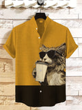 Men's Hipster Cat Coffee Art Print Linen Blend Shirt