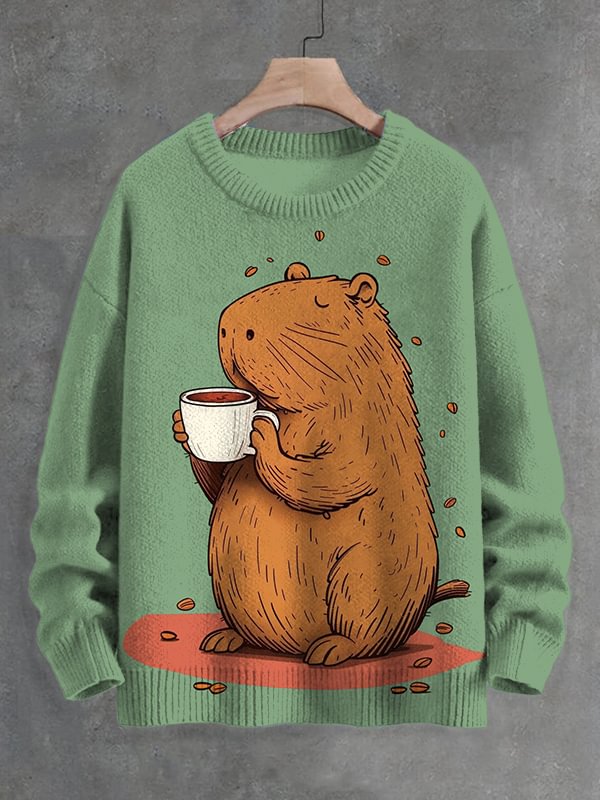 Men's Capybara Drinking Coffee Fun Print Knit Sweatshirt
