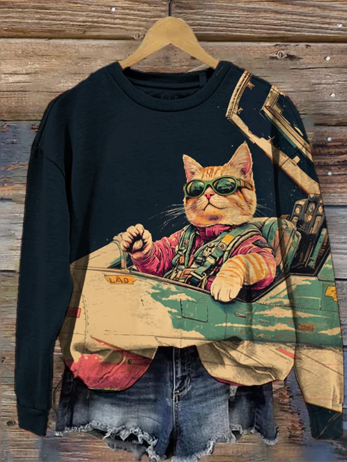 Women's Cat Pilot Fantasy Art Print Casual Sweatshirt