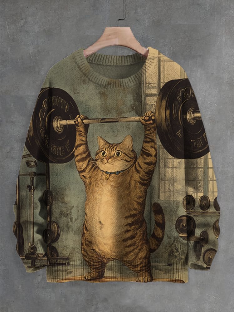 Men's Cat Weight Lifting Fitness Print Knit Sweatshirt