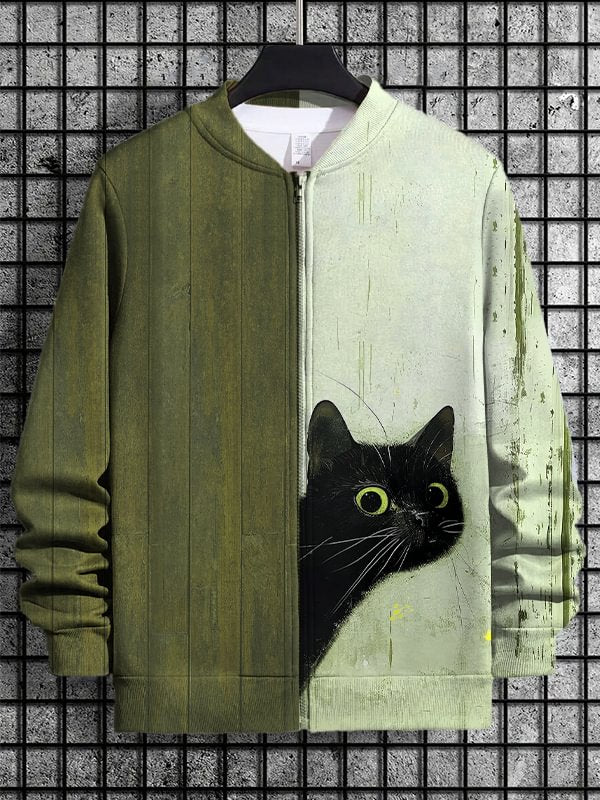 Men's Peeking Cat Art Print Casual Zip Up Jacket