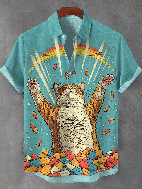 Men's Fun Happy Rainbow Psychedelic Cat Art Print Shirt