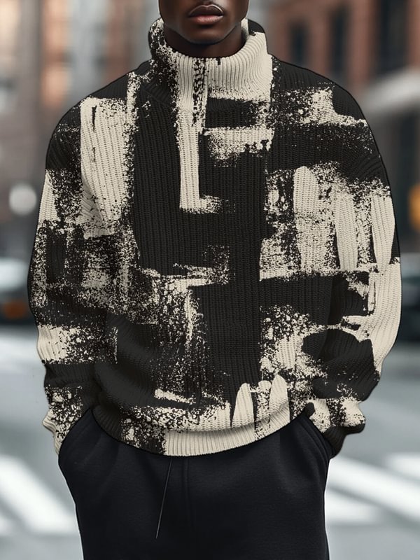 Men's Retro Brush Strokes Art Print High Neck Knit Sweatshirt