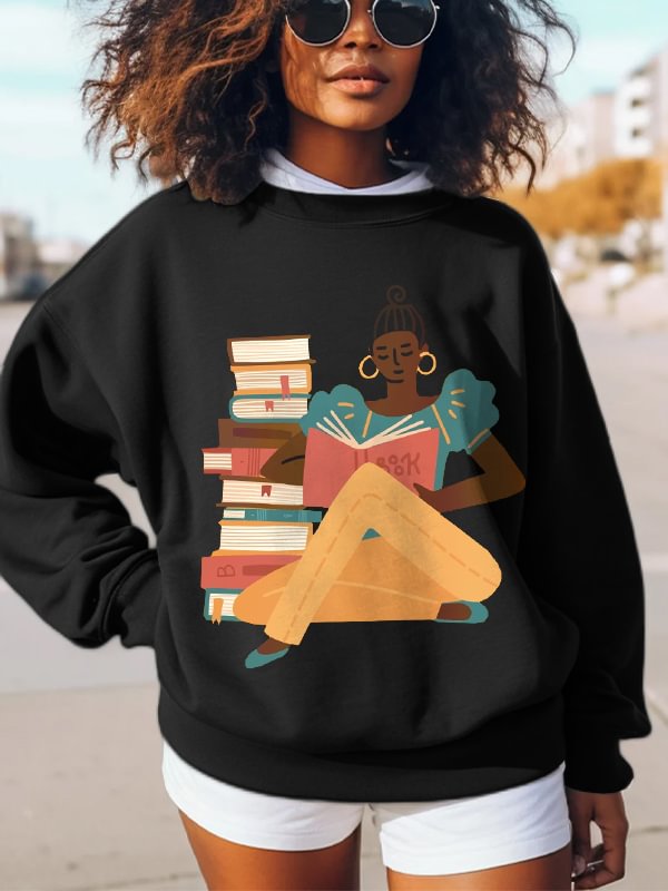 Women's Girl Reading Print Cotton Long Sleeve T-Shirt Thin Sweatshirt