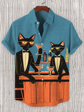 Men's Bar Black Cat Cocktail Art Print Linen Blend Shirt