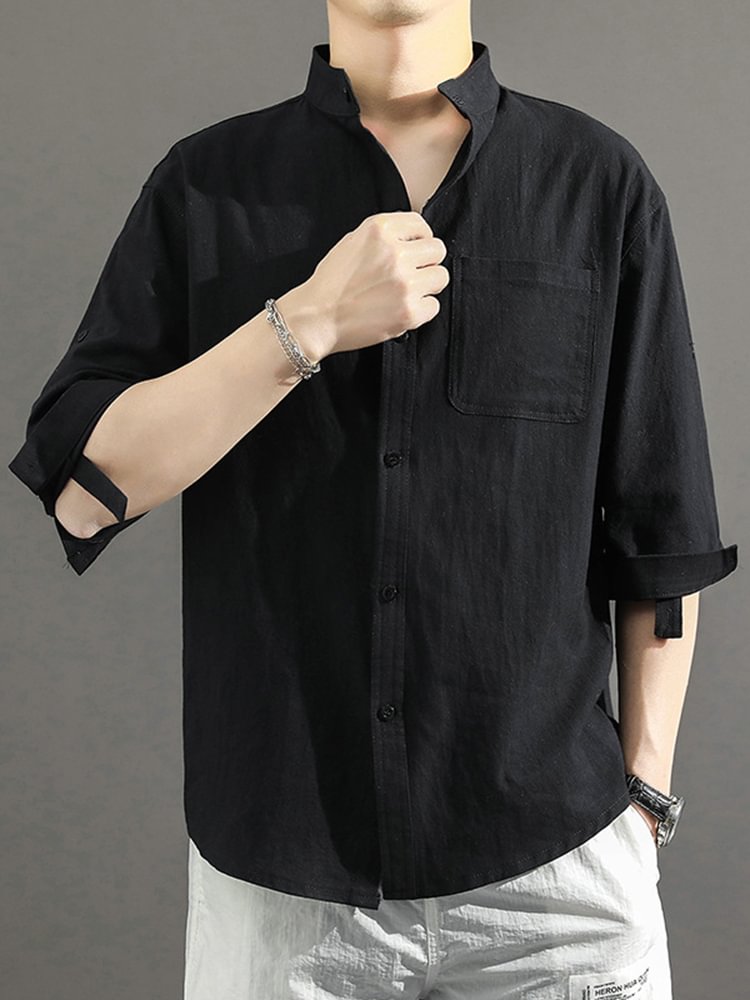 Men's Cotton And Linen Casual Stand-up Collar Roll Tab 3/4 Sleeve Shirt