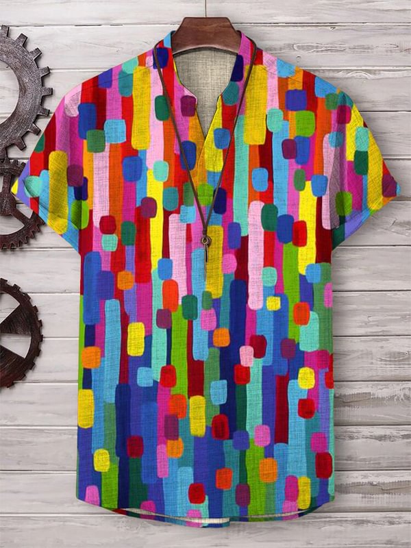 Men's Rainbow Colored Paint Stacked Mosaic Art Print Short Sleeve V Neck T-Shirt