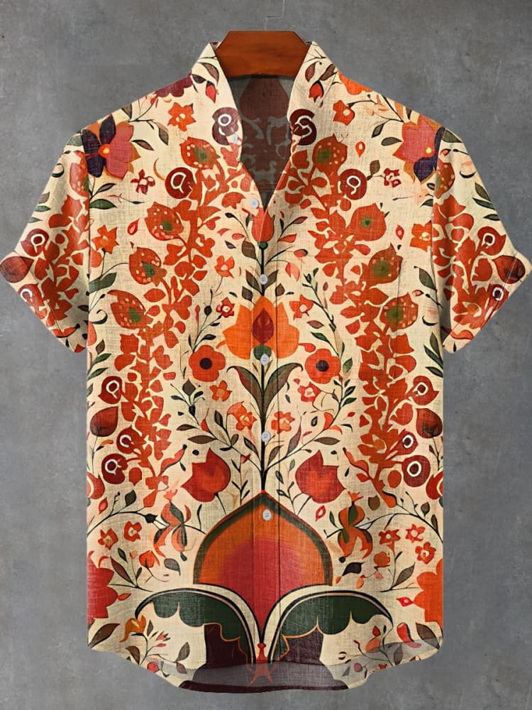 Men's Indian Art Floral Vintage Print Linen Blend Shirt
