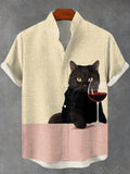 Men's Chilling Black Cat Wine Contrast Color Linen Blend Shirt