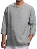 Men's Casual Plain V Neck Three Quarter Sleeve Linen T-Shirt