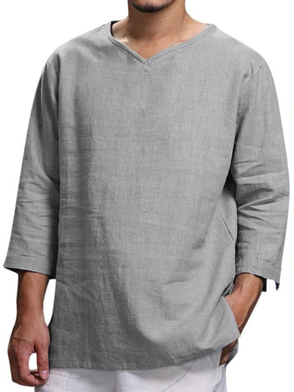 Men's Casual Plain V Neck Three Quarter Sleeve Linen T-Shirt