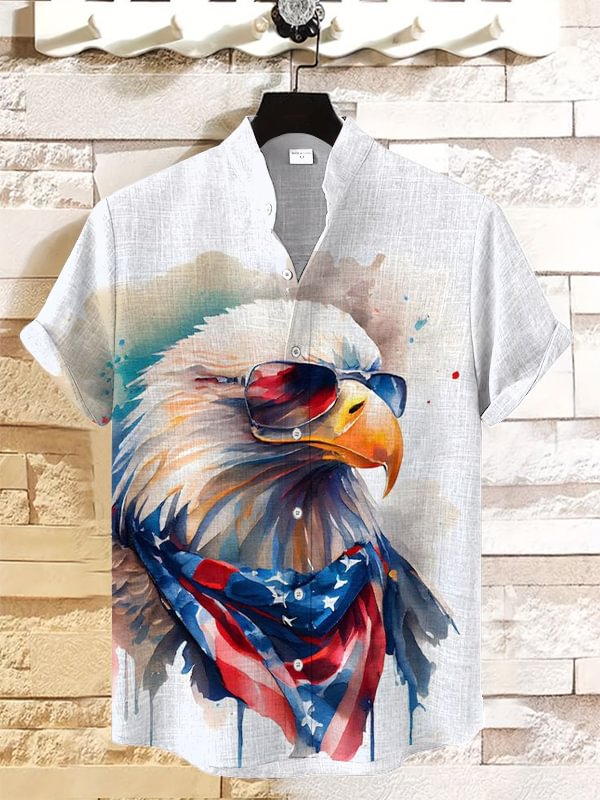 Men's Eagle American Flag Watercolor Art Print Linen Blend Shirt