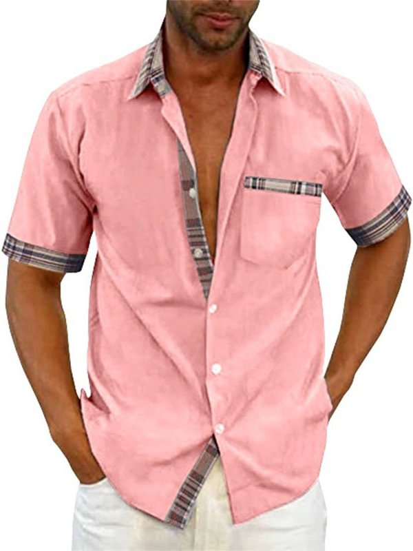 Men's Plaid Patchwork Chest Pocket Short Sleeve Business Casual Shirt