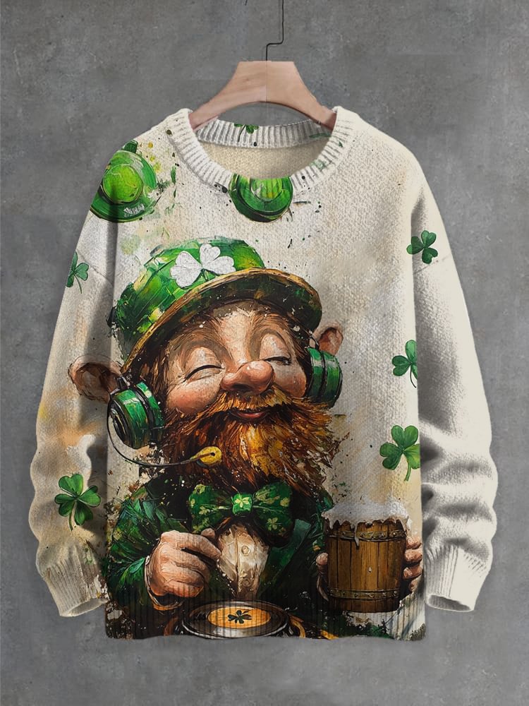 Men's St. Patrick's Day Gnome Beer Clover Print Knit Sweatshirt