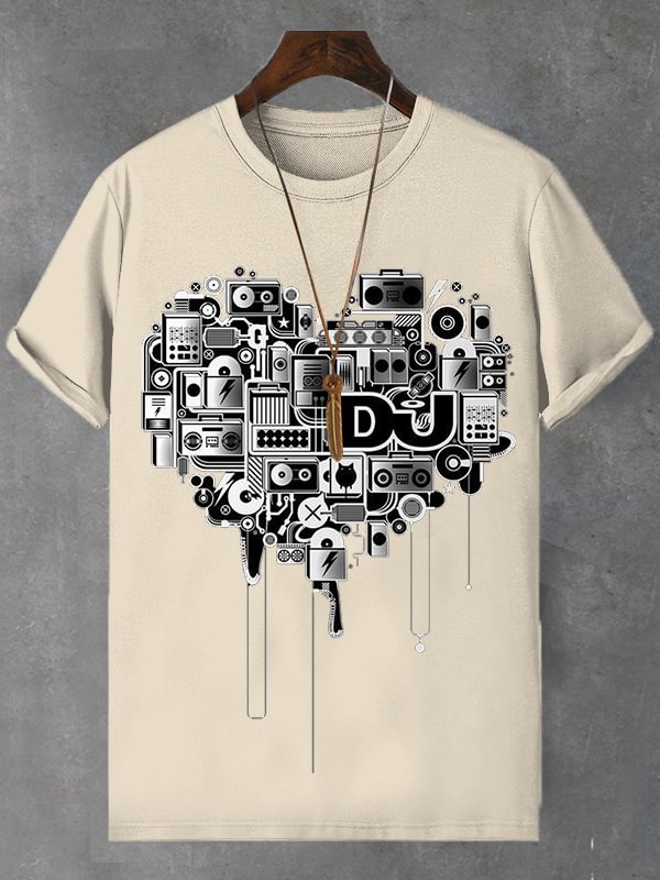 Men's Vintage Heart Pattern Music Art Print Cotton Casual T-Shirt