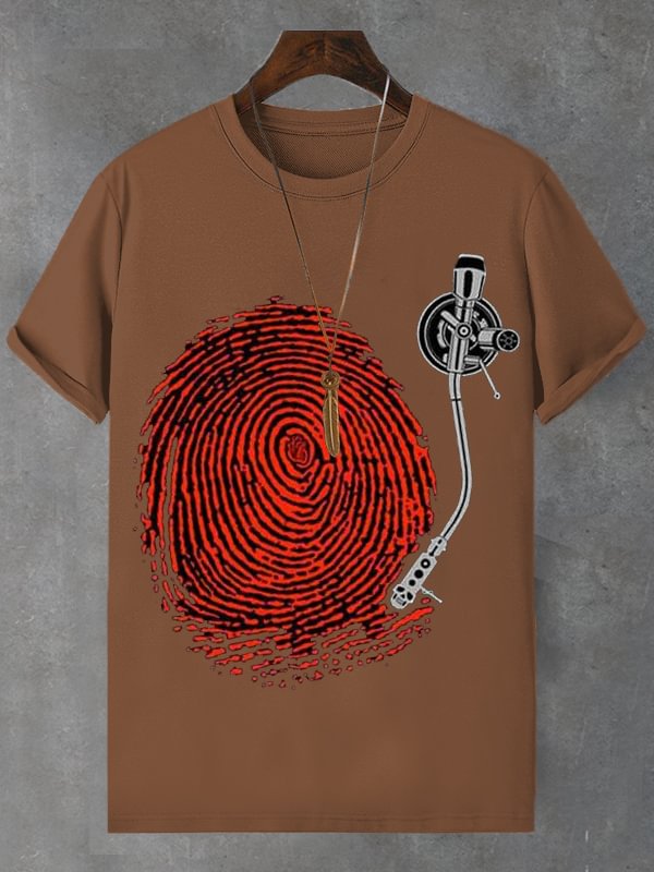 Men's Retro Fingerprint Record Print Cotton Casual T-Shirt