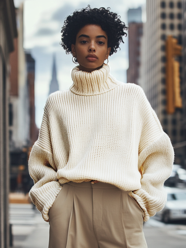 Women's Solid Color High Neck Knit Sweatshirt