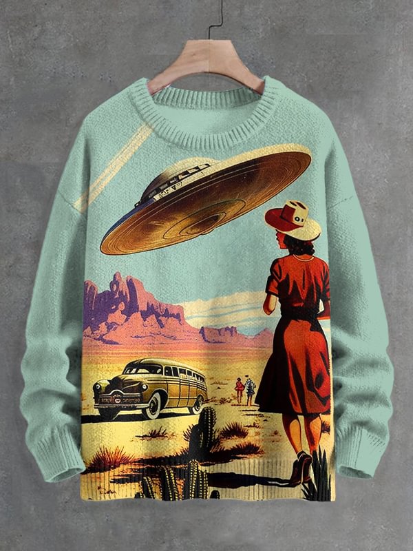 Men's Retro Desert UFO Surreal Art Print Knit Sweatshirt