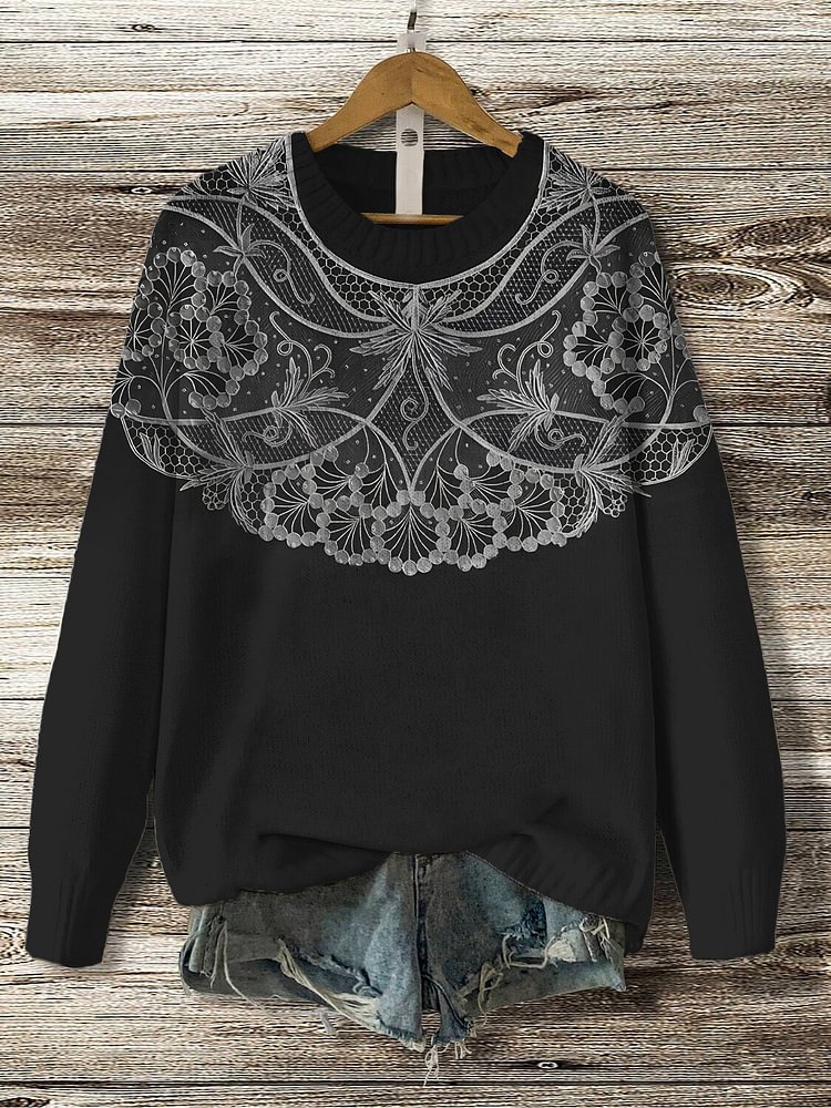 Women's Lace Pattern Print Knit Sweatshirt
