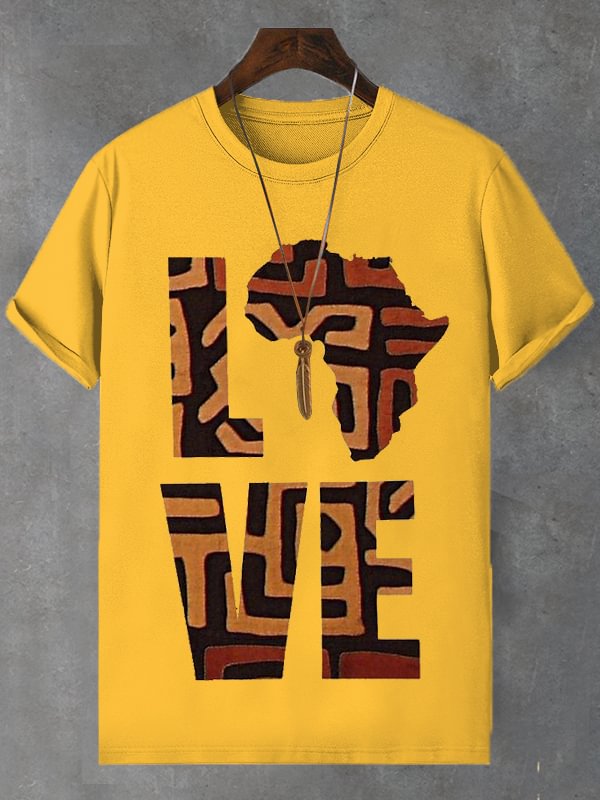 Men's African Tribal Ethnic Map Love Art Print Cotton T-Shirt
