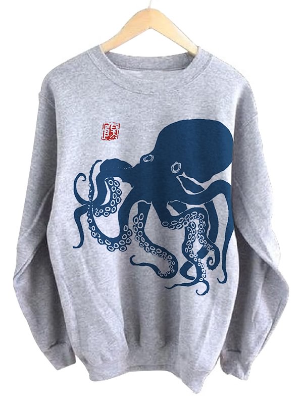 Men's Blue Giant Octopus Crew Neck Casual Graphic Print Sweatshirt