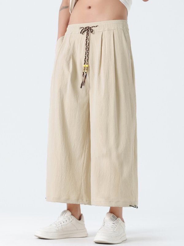 Men's Plain Loose Wide Leg Drawstring Waist Casual Cropped Pants