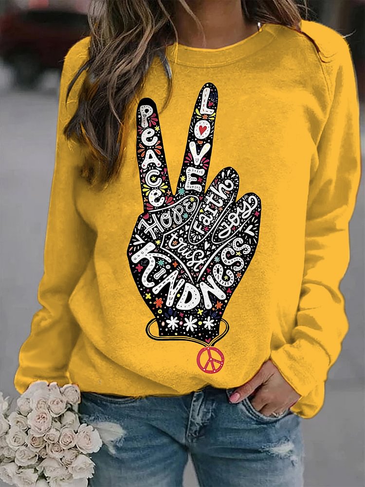 Women's Peace Love Hope Faith Joy Kindness Print Cotton Long Sleeve T-Shirt Thin Sweatshirt