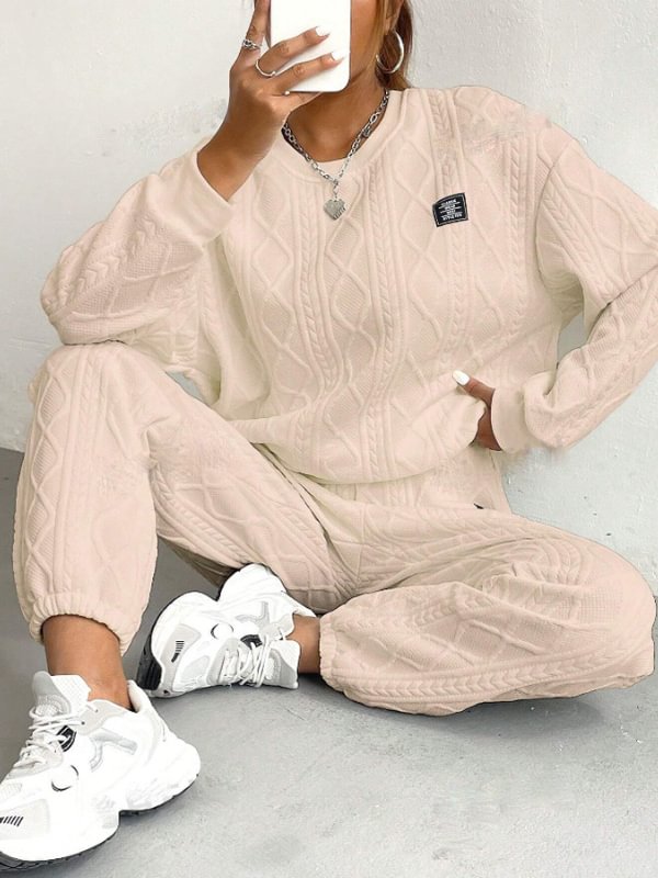 Women's Casual Solid Jacquard Textured Long Sleeve Sweatshirt Pants Matching Set