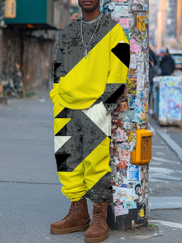 Men's Abstract Geometry Color Collision Art Print Sweatshirt Sweatpants Matching Set