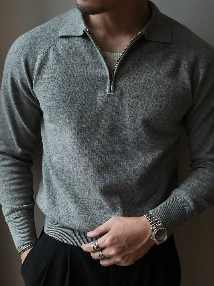 Men's Solid Color Half-Zip Turndown Collar Raglan Sleeve Base Shirt