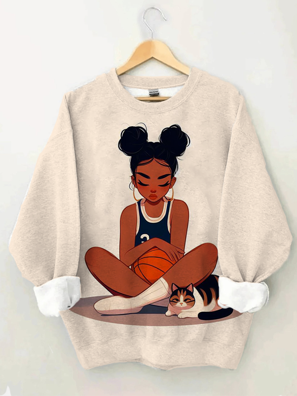 Women's Black Girl Holding Basketball Sitting With Cat Art Print Casual Sweatshirt