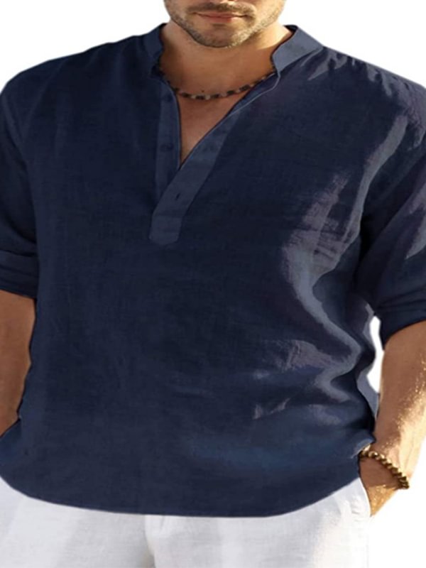 Men's Casual Half Button Long Sleeve Roll Tab Linen Shirt