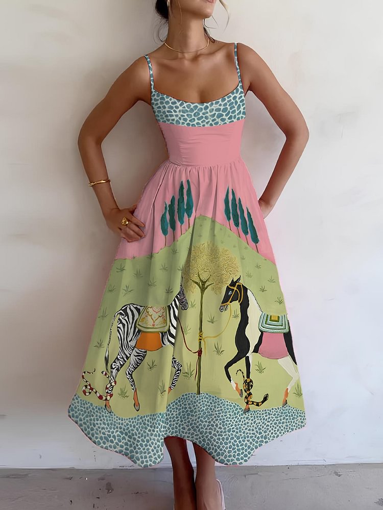 Women's Color Block Horse Art Print Cami Midi Dress