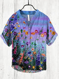 Men's All Over Floral Oil Painting Art Print Half Button Linen Blend Shirt