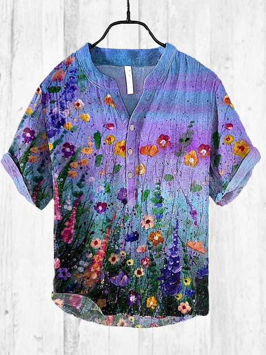Men's All Over Floral Oil Painting Art Print Half Button Linen Blend Shirt