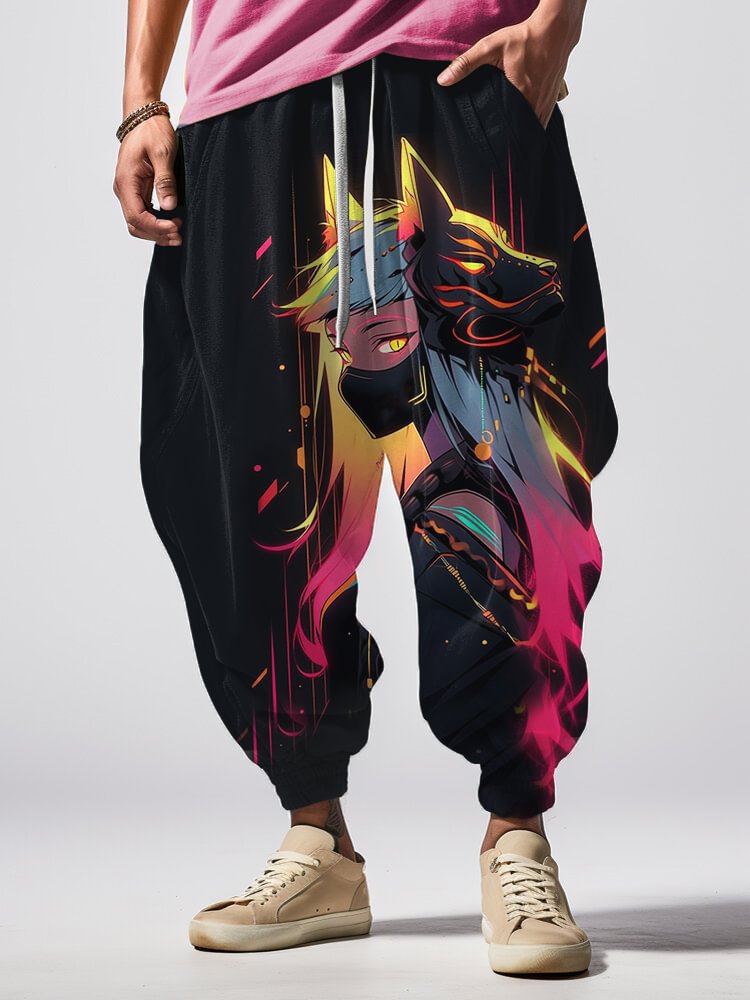 Men's Ghost Fire Fox Magical Girl Science Fiction Art Print Loose Drawstring Waist Pocket Sweatpants