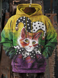 Men's Retro Cat Clown Mardi Gras Print Casual Hoodie