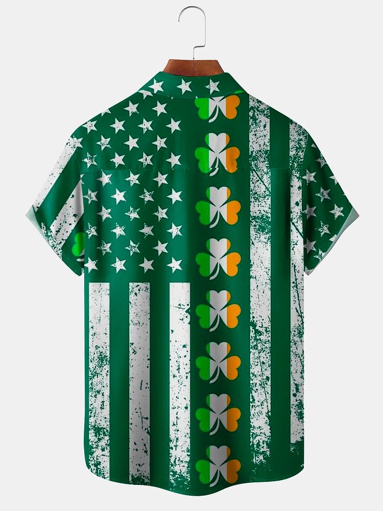 Men's Clover American Flag Print St Patrick's Day Short Sleeve Shirt