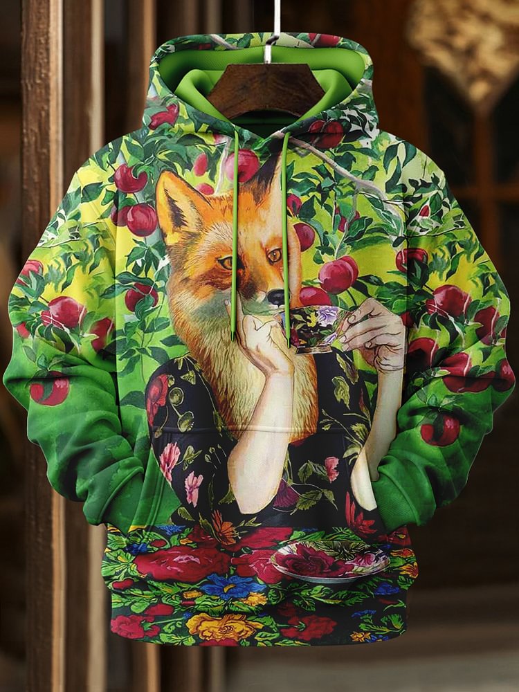 Men's Vintage Floral Fox Tasting Tea Print Casual Hoodie