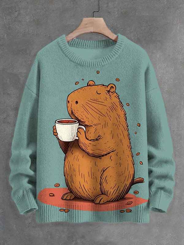 Men's Capybara Drinking Coffee Fun Print Knit Sweatshirt