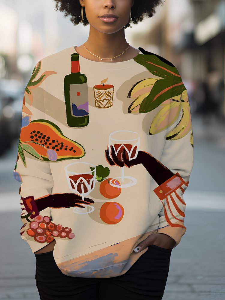 Women's Pleasant Black Afternoon Tea Art Print Casual Sweatshirt