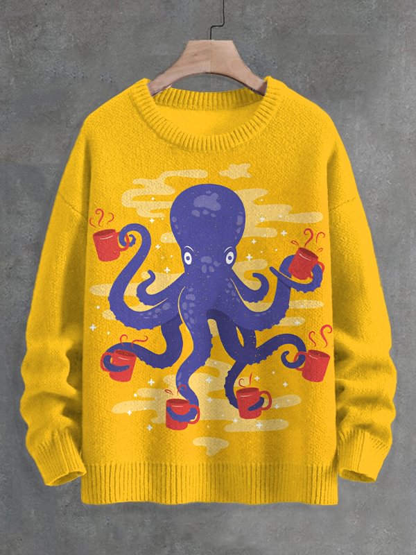 Men's Coffee Octopus Art Print Knit Sweatshirt