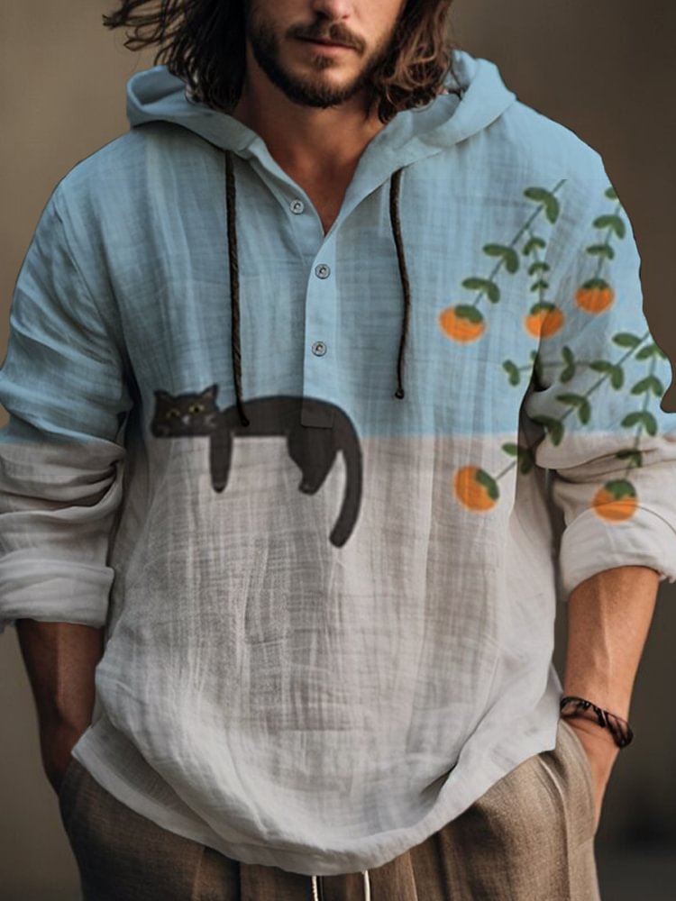Men's Lazy Black Cat Contrast Color Art Print Hooded Shirt